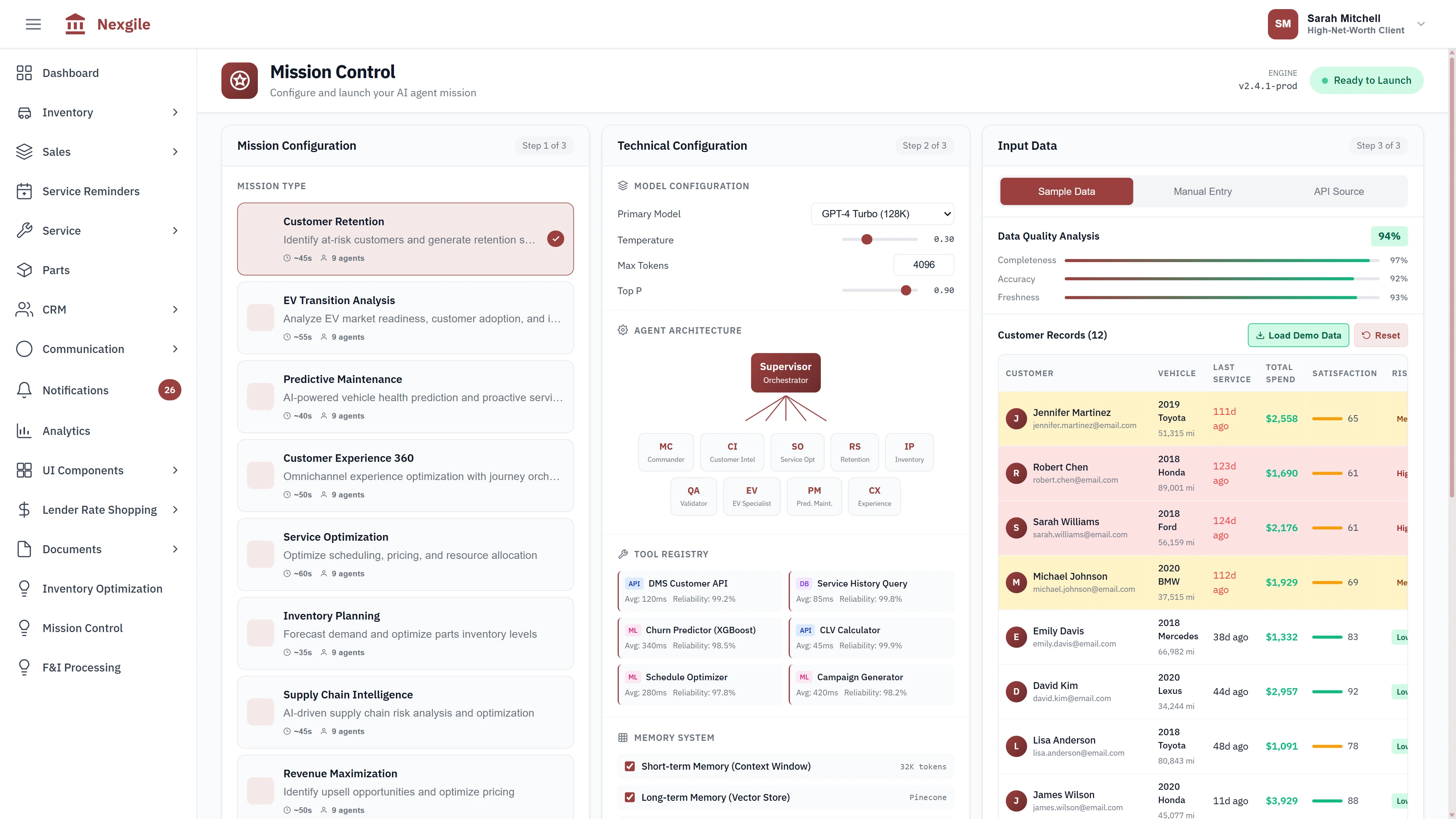 Mission Configuration - Mission type selection (Customer Retention, EV Transition, Predictive Maintenance), supervisor architecture, and customer records input
